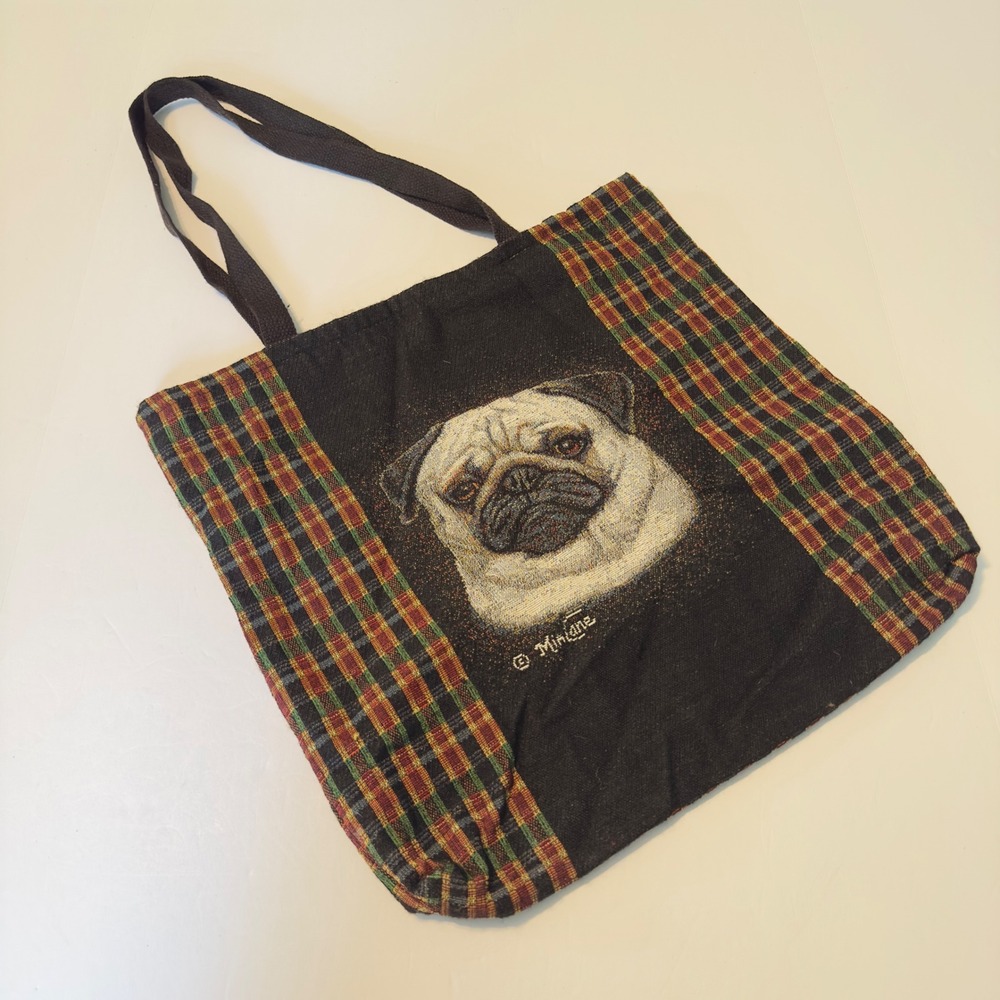 Mohawk Home Minlane Pug Tapestry Tote Bag Plaid Woven Dog Portrait Made in USA